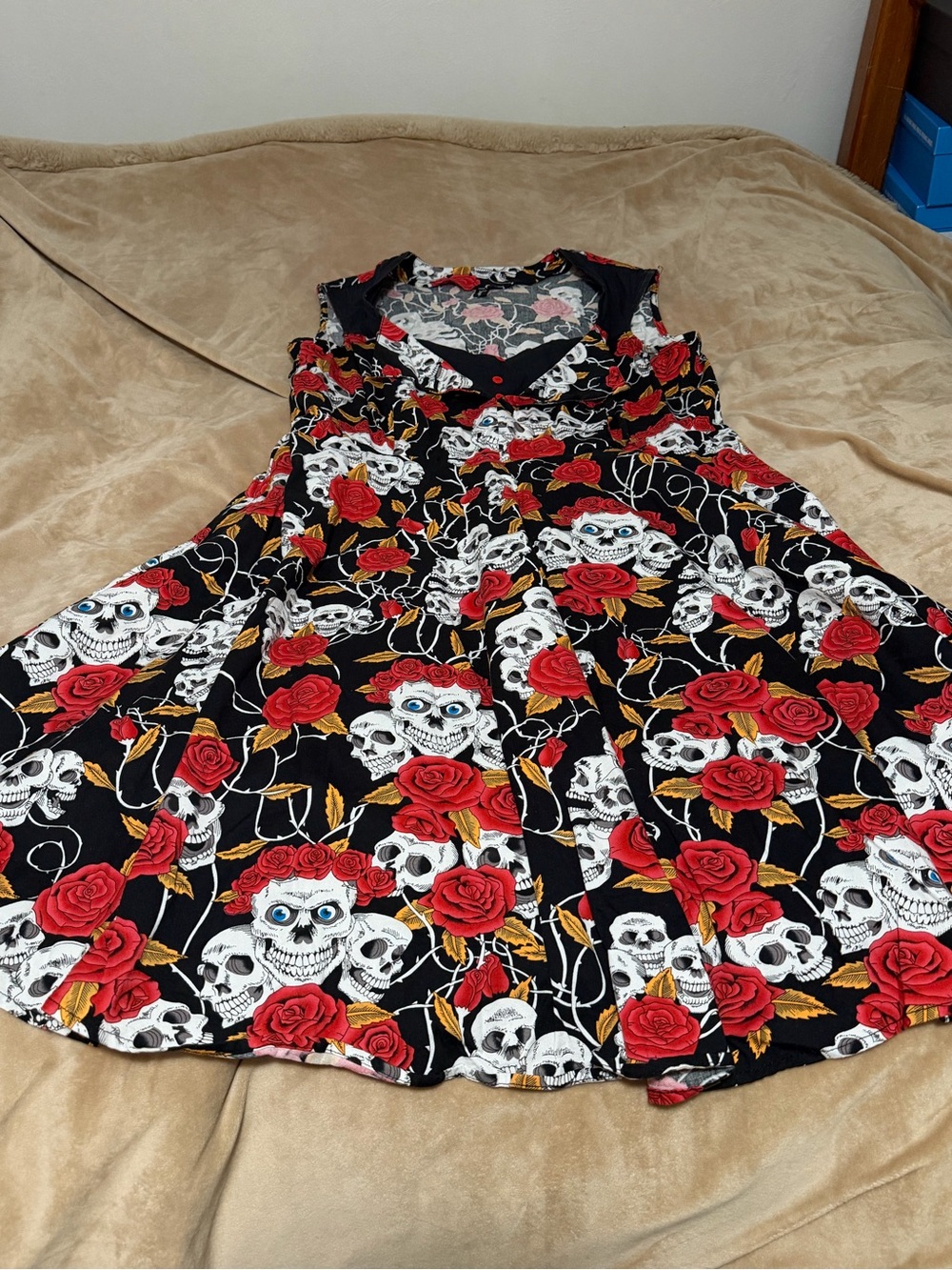 Sucrefas Halloween Red Rose & White Skull Print Dress Retro Fit M Flare 4X
